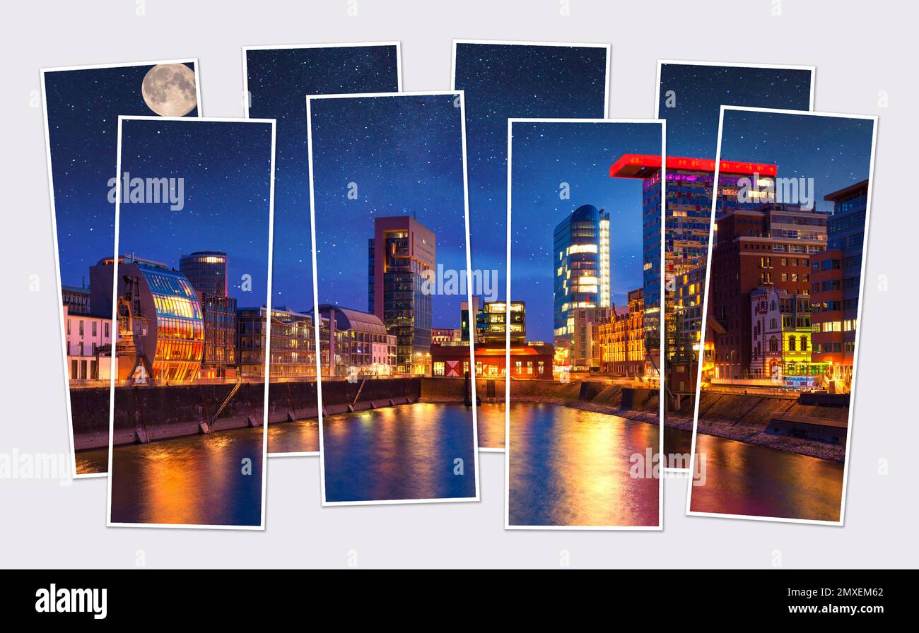 Isolierte Collage aus acht Einzelbildern mit einer fantastischen Nachtszene des Rheins. Herrliche Nachtstadtlandschaft von Düsseldorf, Deutschland, Europa. Modell von Mo Stockfoto