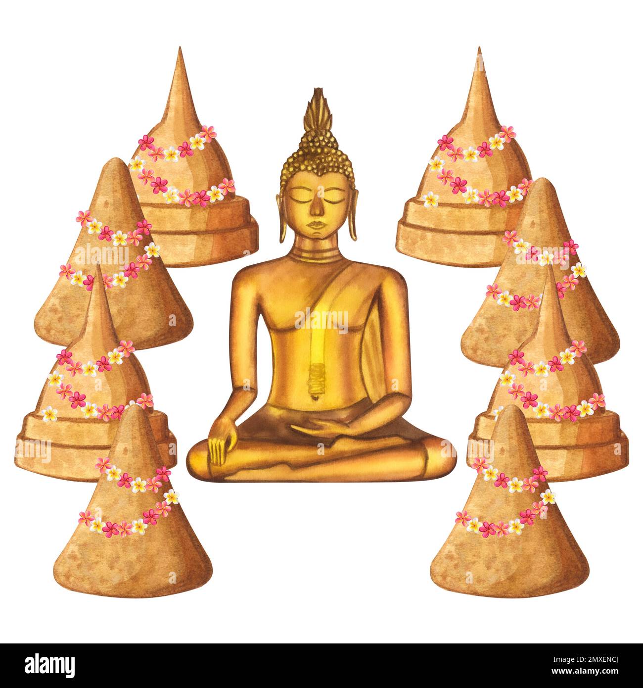 Buddha und Sandpagode mit Plumeria-Girlande. Songkran Festival Thailand. Traditioneller Neujahrstag. Handgezeichnete iso-Aquarelldarstellung Stockfoto