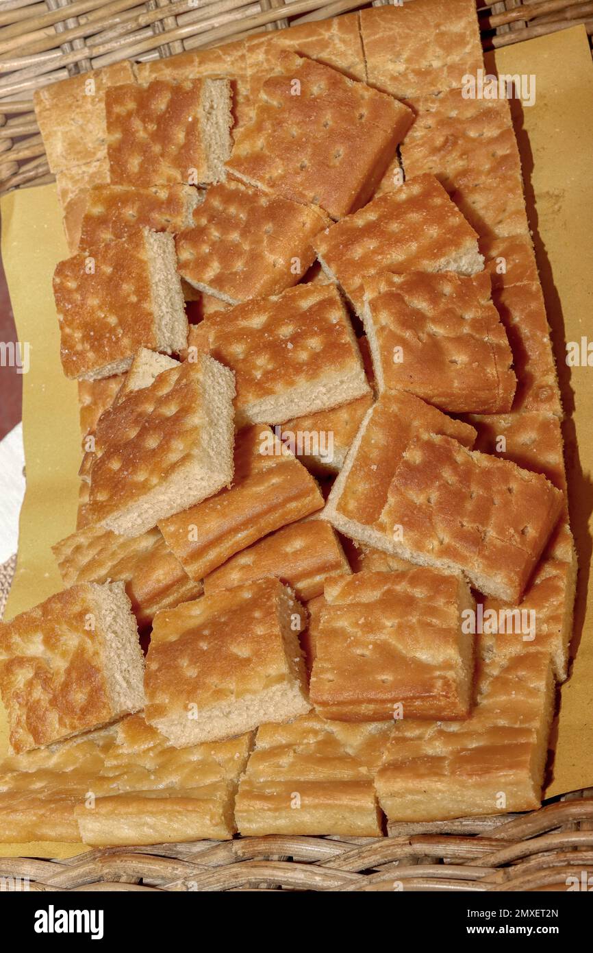 Focaccia-Brot nach Bari-Art. Apulianisches Essen. Backwaren. Hochwertiges Foto Stockfoto