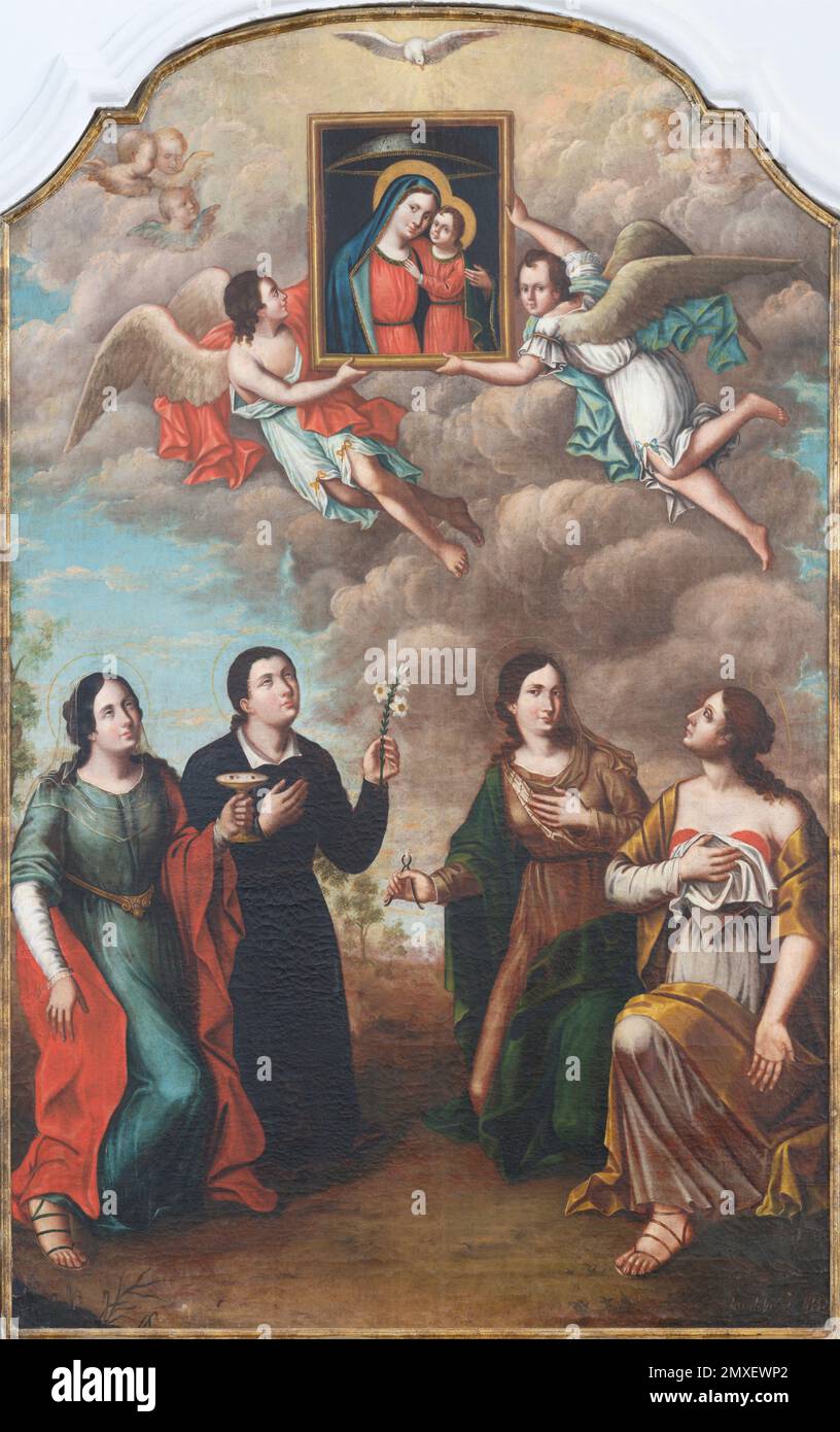 POLIGNANO A MARE, ITALIEN - 4. MÄRZ 2022: Das Gemälde der heiligen Märtyrer Lucia, Margaret, Apollonia und Agtha in der Kathedrale Matrice Stockfoto