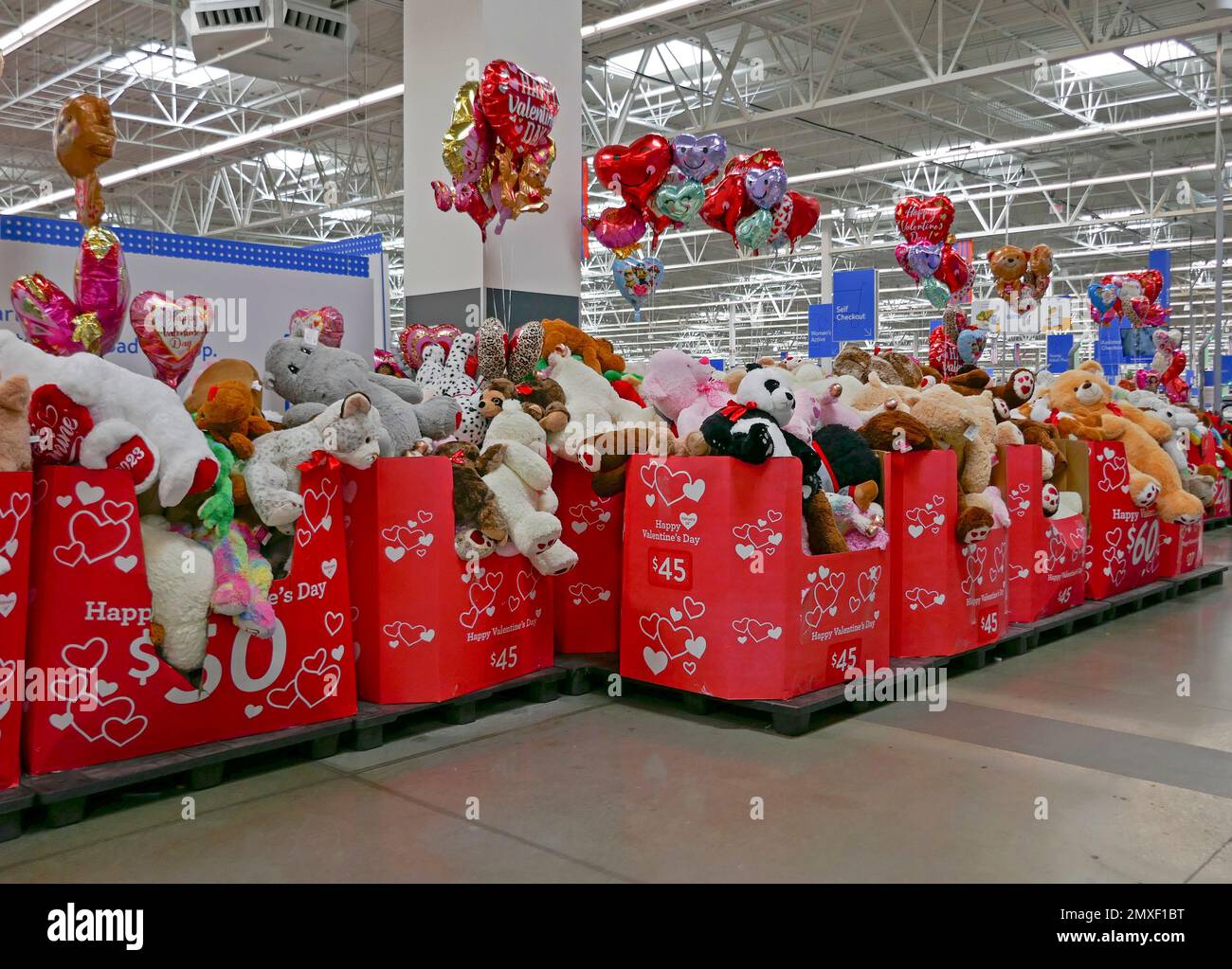 Große gefüllte Valentinstag-Tiere zum Verkauf in einem lokalen Walmart-Laden in North Florida. Stockfoto