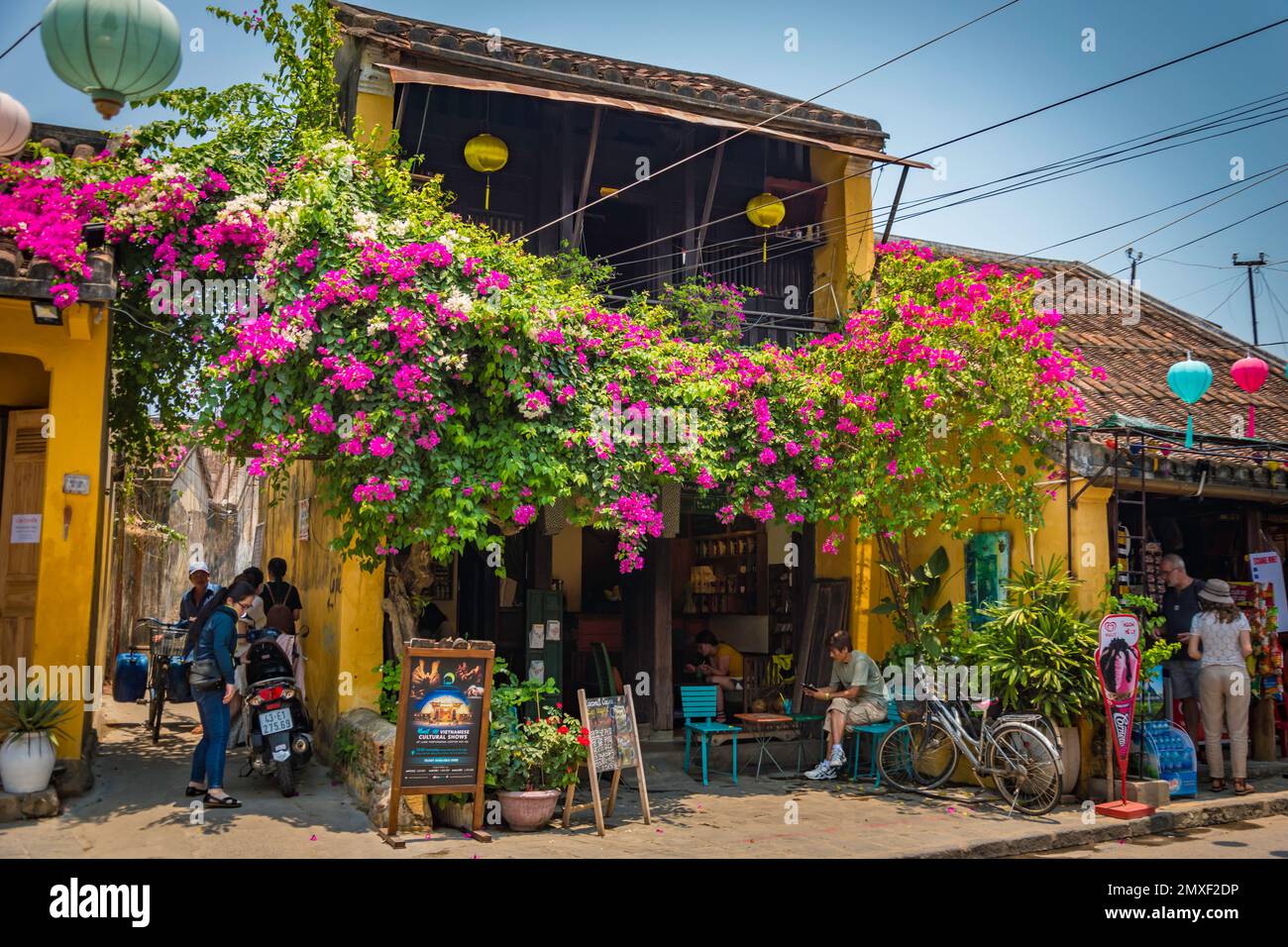 Farbenfrohe, farbenfrohe Straße mit Laternen, violetten Blumen und gelbem Haus bei Tag in Hoi an, Vietnam. Stockfoto