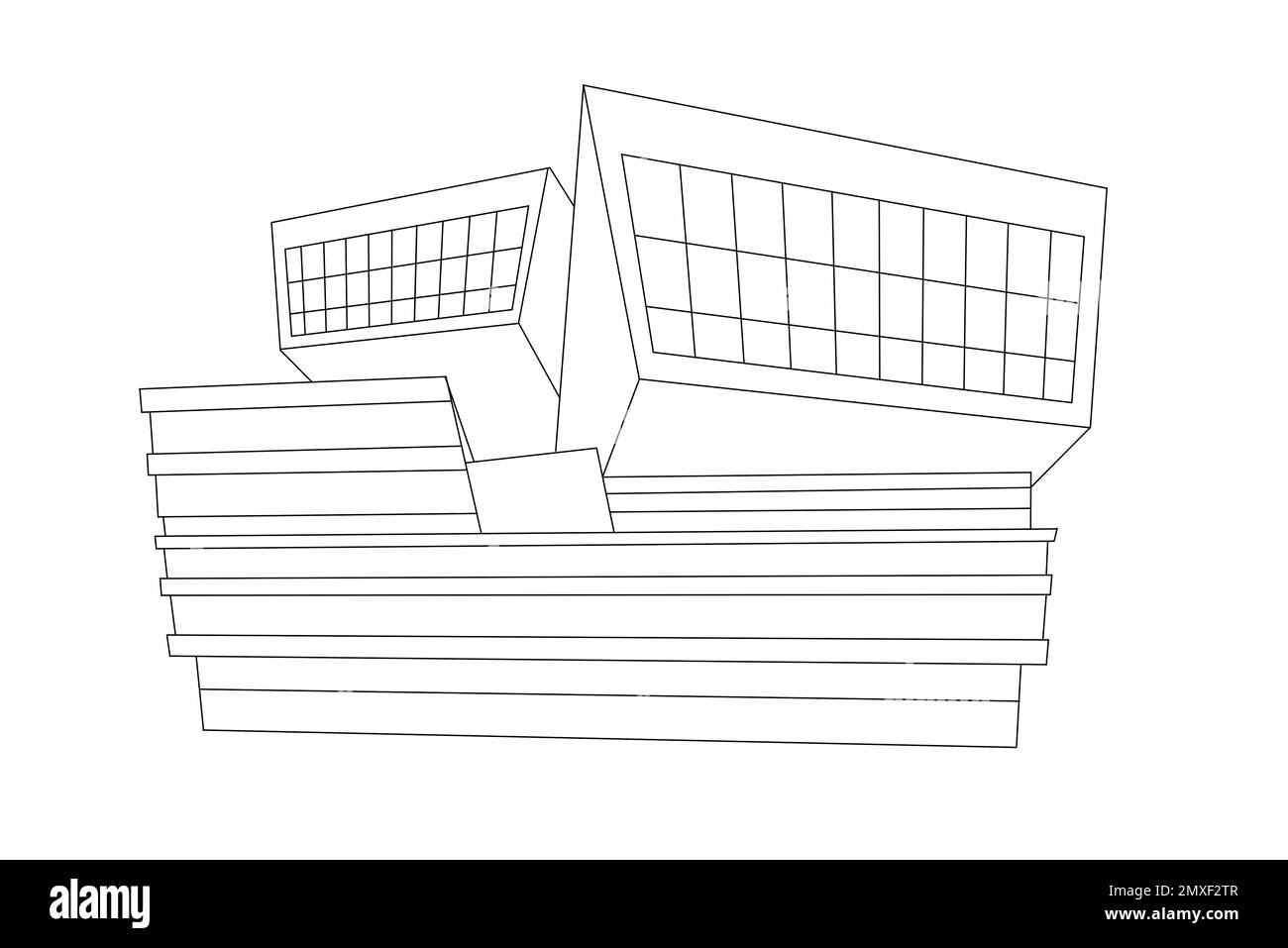 Illustration eines modernen Gebäudes auf weißem Hintergrund. Urbane Architektur Stockfoto