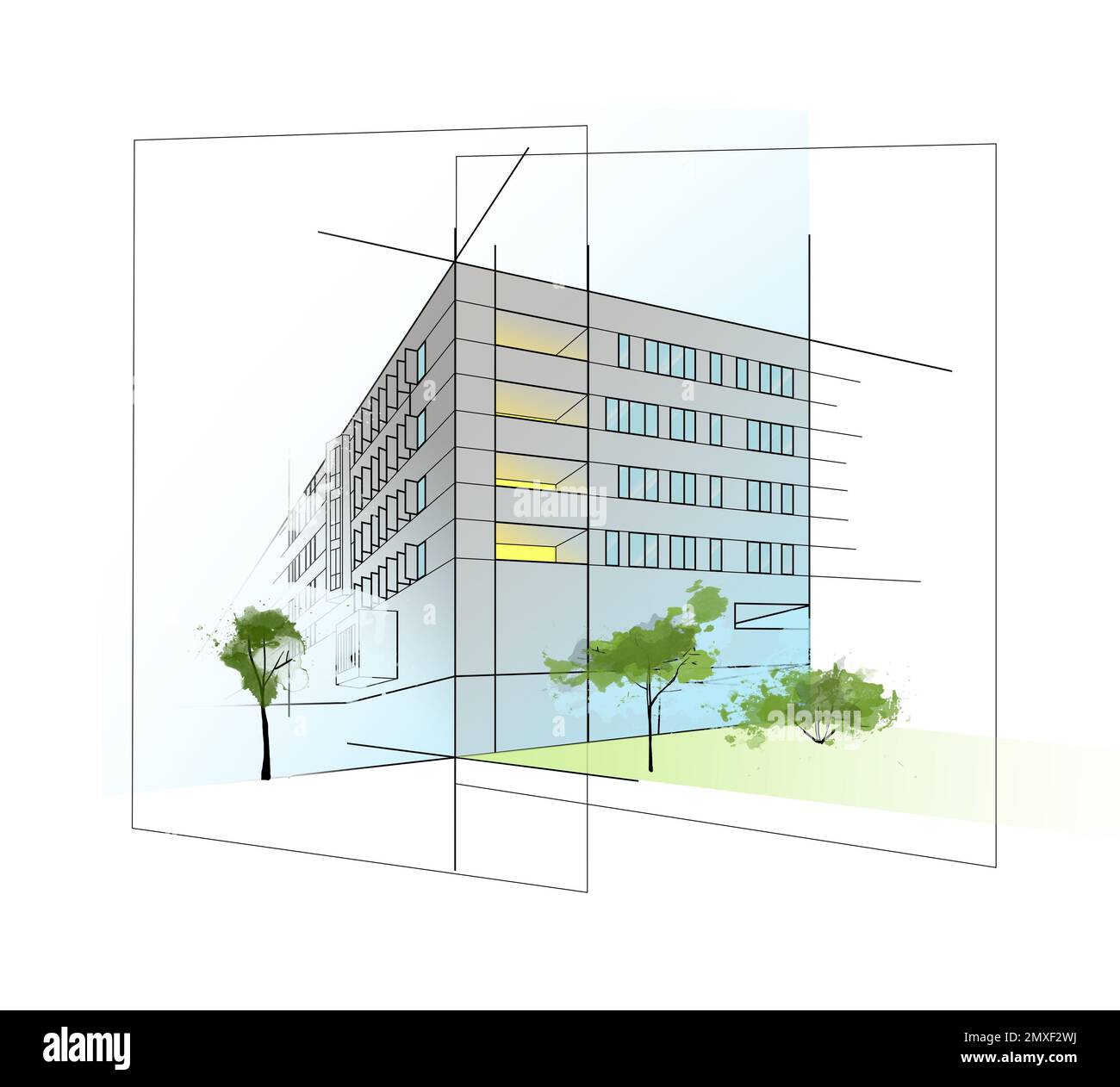 Farbenfrohe Darstellung eines modernen Gebäudes auf weißem Hintergrund. Urbane Architektur Stockfoto