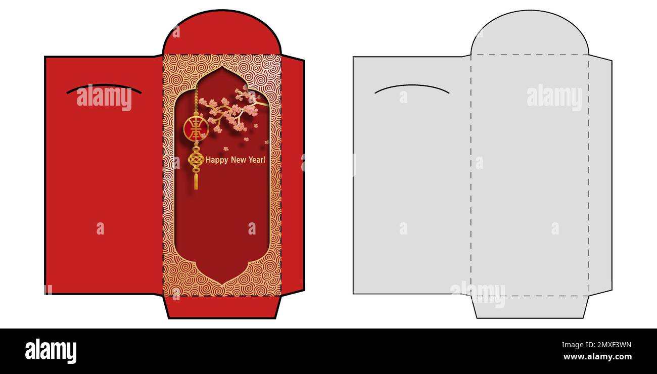 Chinesischer Silvester-Geldumschlag in Rot im Pau-Design mit Stanzung. Vertikales Layout mit einem Zweig aus Kirschblüten und hängendem orientalischem festlichem Dekor Stock Vektor
