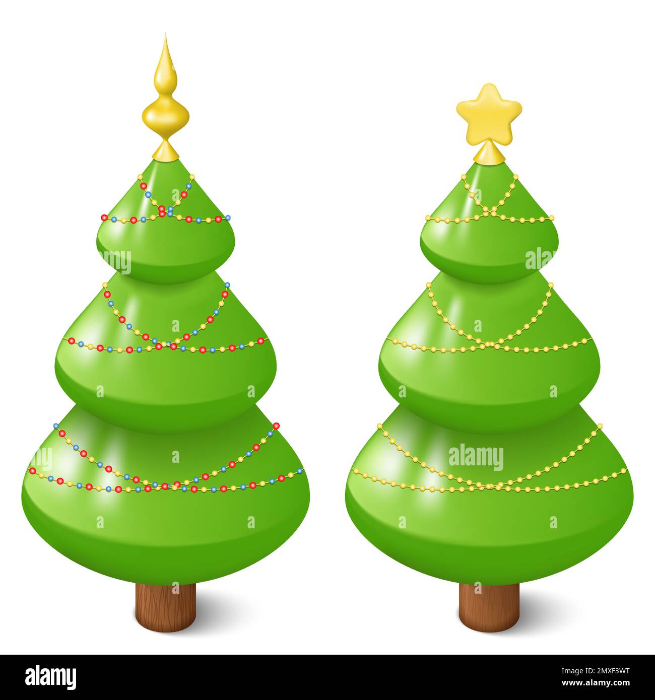 Set aus 3D realistischen Weihnachtsbäumen mit goldenem Stern, Krone und Girlanden isoliert auf weißem Hintergrund. Festtagselemente für Design. Objekt in Karo Stock Vektor