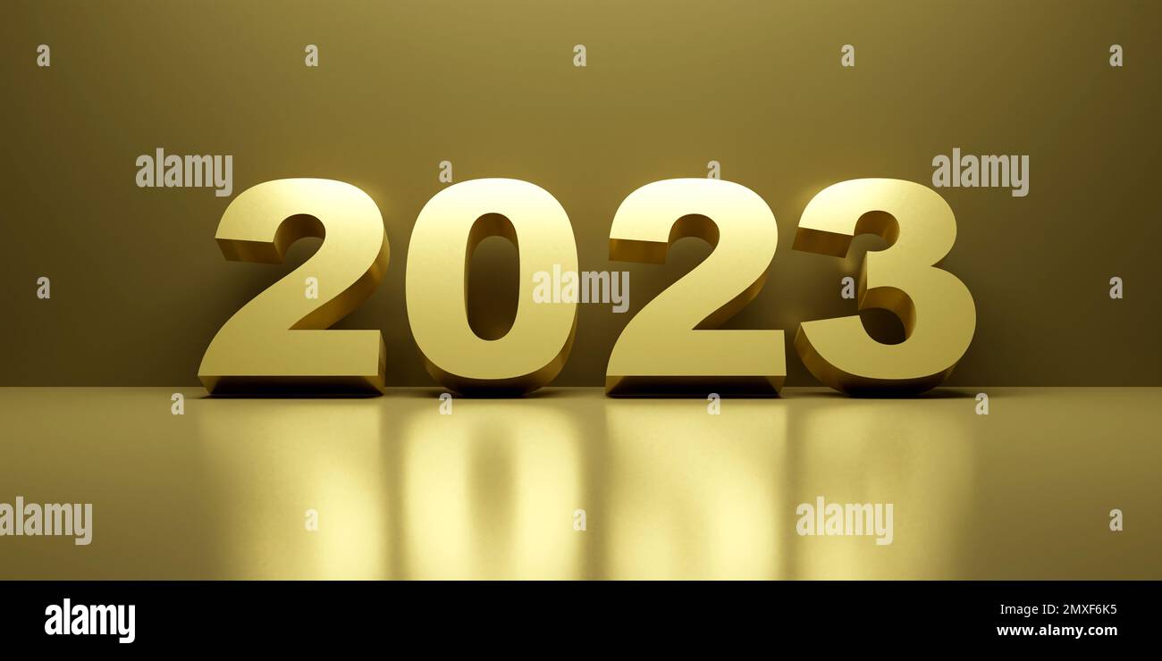 Neujahrskonzept. Goldfarbener 2023 mit luxuriösem Hintergrund. 3D-Darstellung rendern Stockfoto