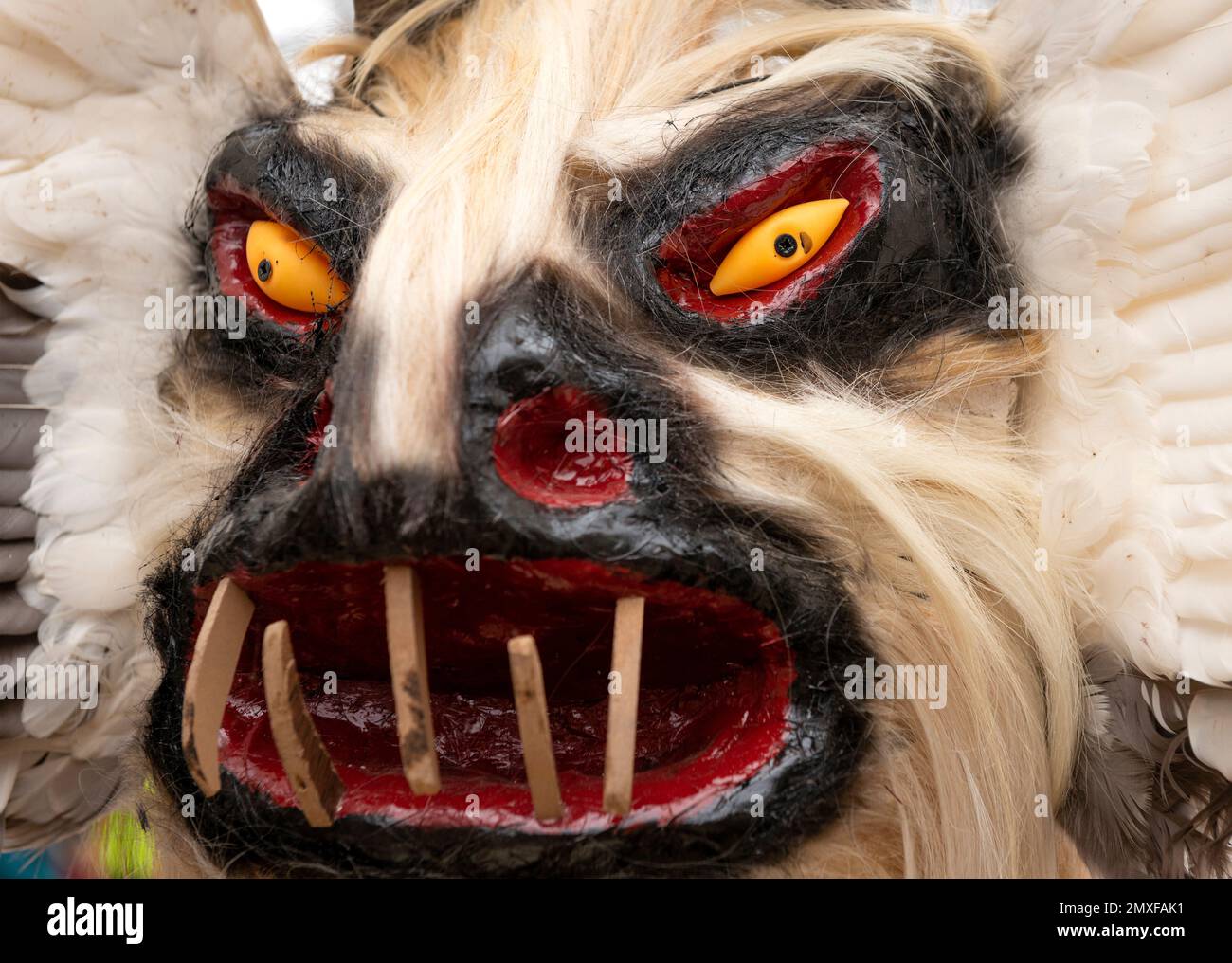 Seltsame Maske, die Monster auf dem Surva International Masquerade and Mummers Festival in Pernik, Bulgarien, Osteuropa, Balkan, EU darstellt Stockfoto
