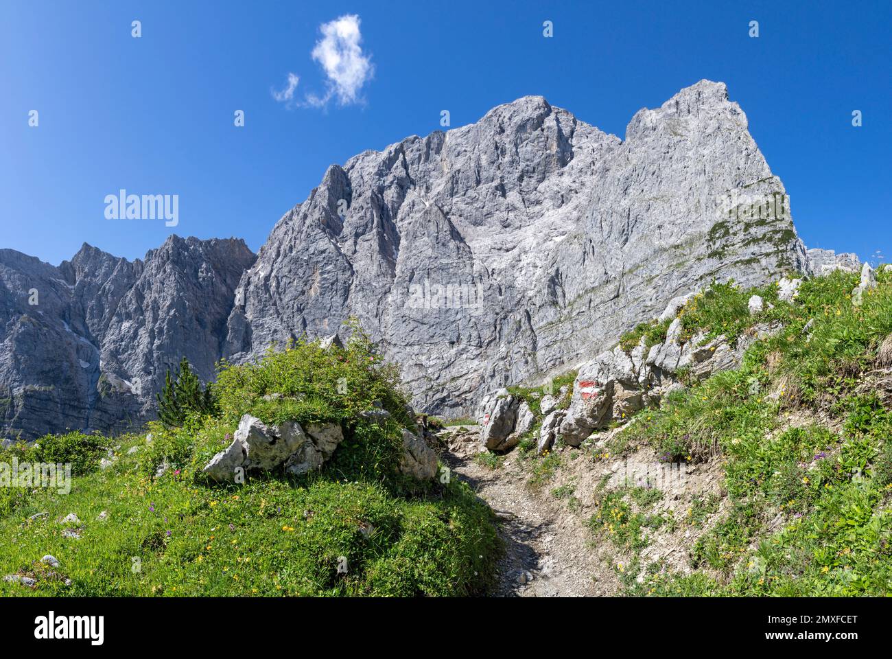 Die Nordmauern des Karwendel-Gebirges - Mauern der Grubenkarspitze. Stockfoto