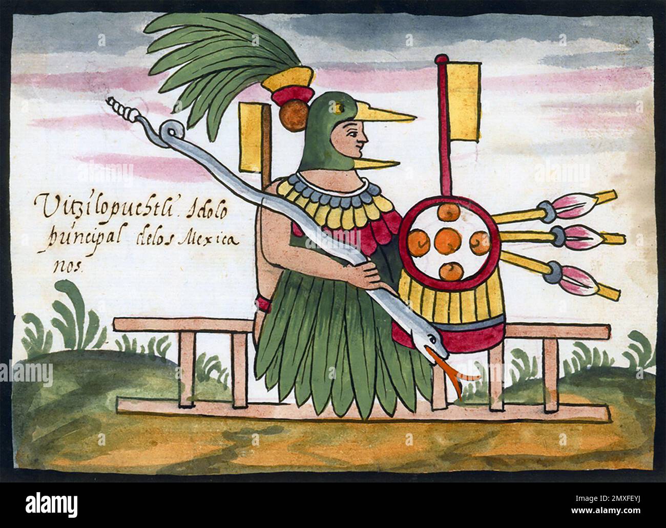 Huitzilopochtli. Illustration des aztekischen gottes Huitzilopochtli aus dem Tovar Codex, c. 1546-1626 Stockfoto