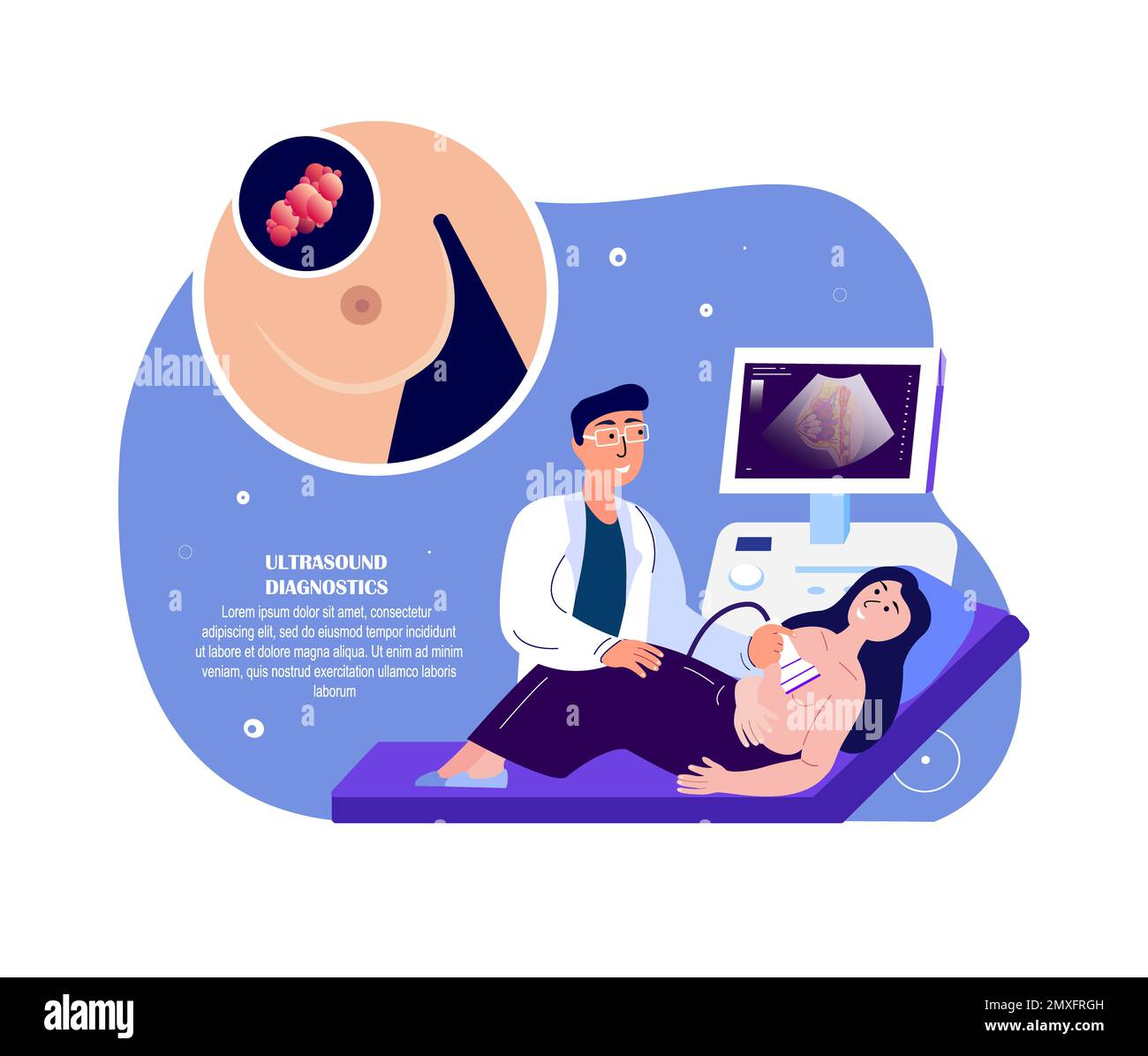 Mammologe Ultraschall Arzt Sonographer, Untersuchung der Laktadrüse, Krebsschwellung, weibliche Brust auf Ultraschall Untersuchung.Digitale Behandlung.Forschung F Stockfoto