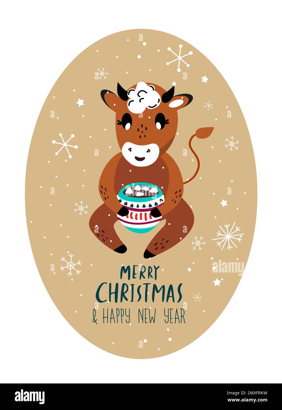 Weihnachten, frohe Neujahrskarte. Süßer Cartoon-Stier, der heiße Schokolade trinkt, Kakao mit Marshmallows. Cow 2021-Symbol. Weihnachtsstimmung im Winter. Fest Stockfoto