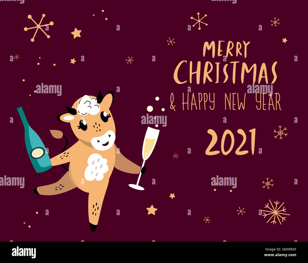 Weihnachten, frohe Neujahrskarte. Süßer Cartoon-Bulle mit Glas Champagner. Gratulation zum Winterurlaub. Cow Chinese 2021 Symbol.WI Stockfoto