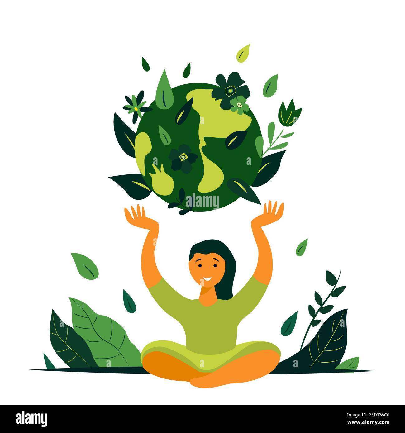 Earth Day Internationaler Feiertag.Junges lächelndes Mädchen legt Hände hoch zum Planet Globe.fürsorgliche, liebevolle Frau.Save Healthy Green Nature,Energy, Ecology Support. Stockfoto