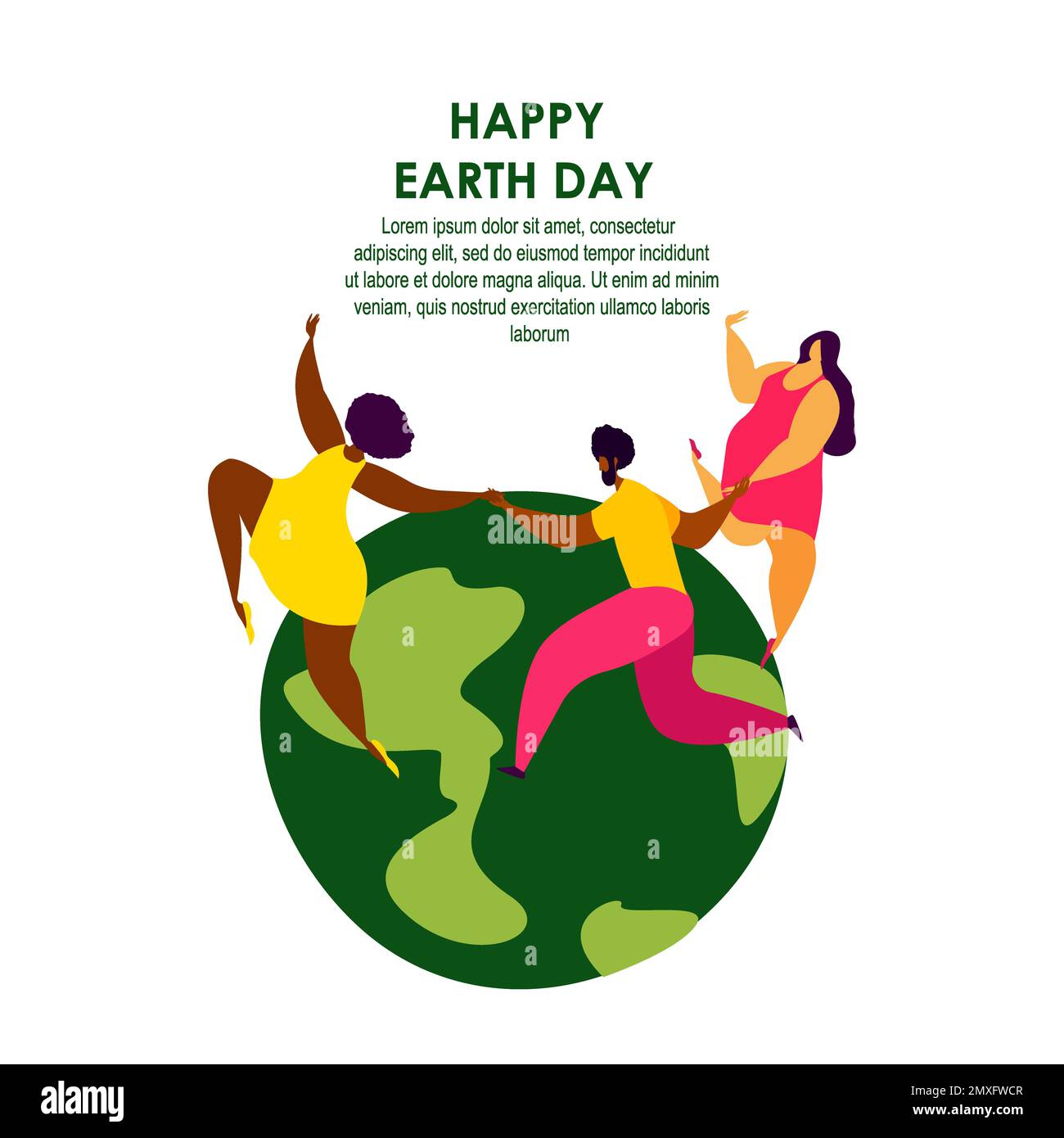 Drei Happy People Frauen und Männer tanzen auf dem Planet Globe. Happy Earth Day Celebration, Holding Hands.Ecology Support, Environment Fr. Stockfoto