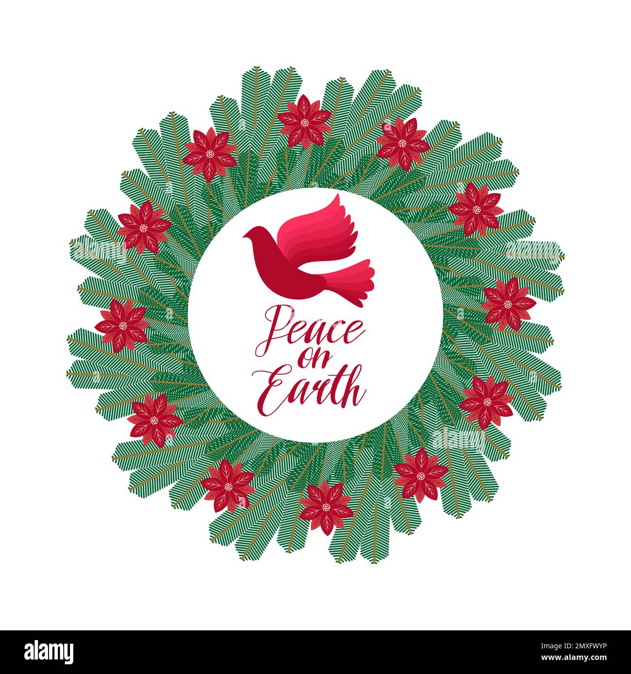 Weihnachtsvektordarstellung. Ein festlicher Adventskranz und die Inschrift „Peace on Earth“. Stock Vektor