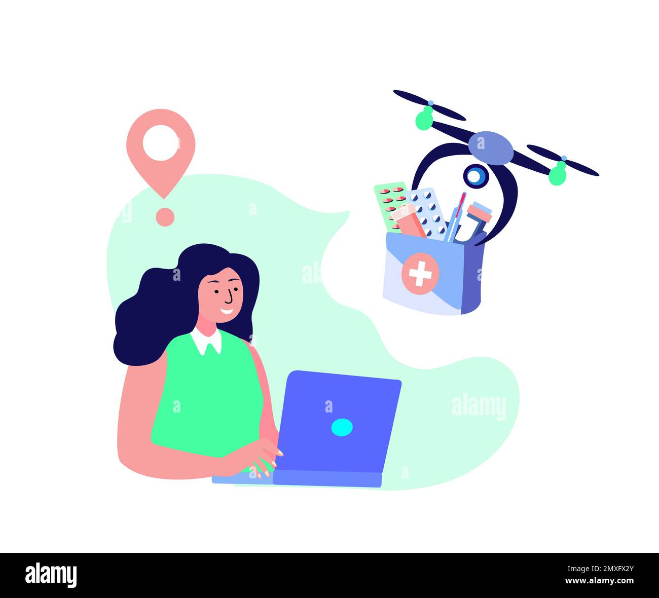 Drohnenlieferung.Frau Kontaktlose Lieferung Erhalten Paket.Erste-Hilfe-Kasten,Ferngesteuertes Fliegendes Flugzeug.Medikament,Medikamente,Remedy.Konsum Online. Hom Stockfoto