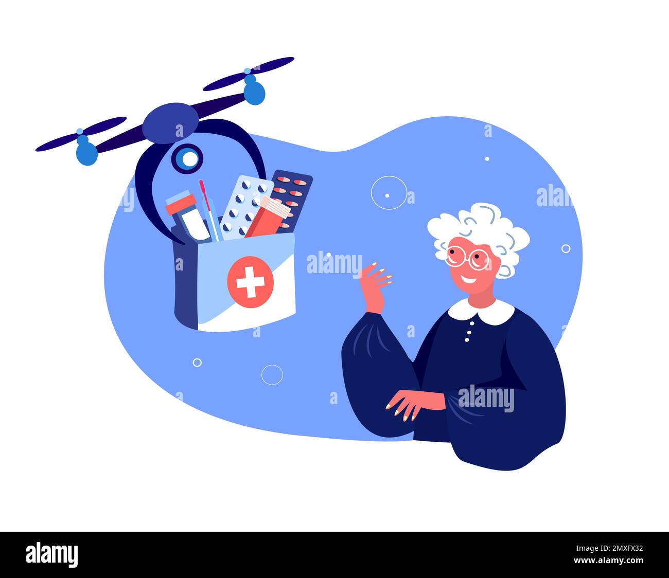 Drohnenlieferung.Pensionierte Alte Frau Erhält Kontaktlose Lieferung Erste-Hilfe-Kasten, Ferngesteuertes Fliegendes Flugzeug.Medikament,Drogen,Abhilfe.Älterer Rentner.Ho Stockfoto