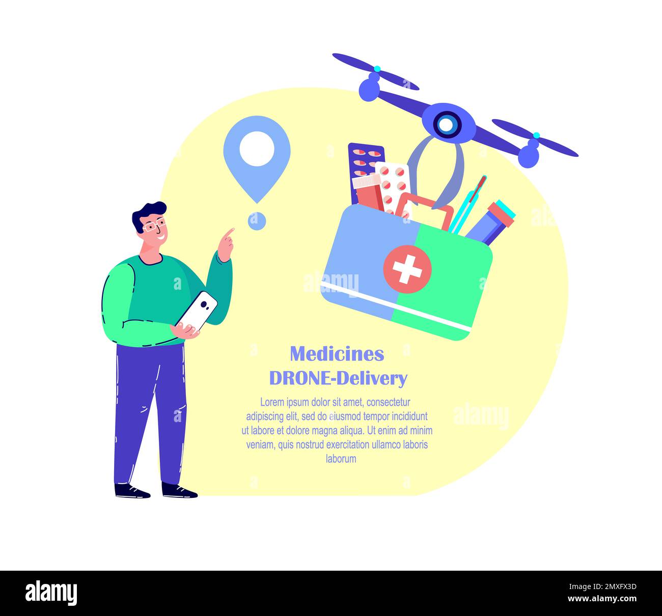 Drohnenlieferung.Mann Kontaktlose Lieferung Erhalten.Erste-Hilfe-Kasten,Ferngesteuertes Fliegendes Flugzeug.Medikament,Medikamente,Abhilfe.Konsum Online. Nach Hause Stockfoto