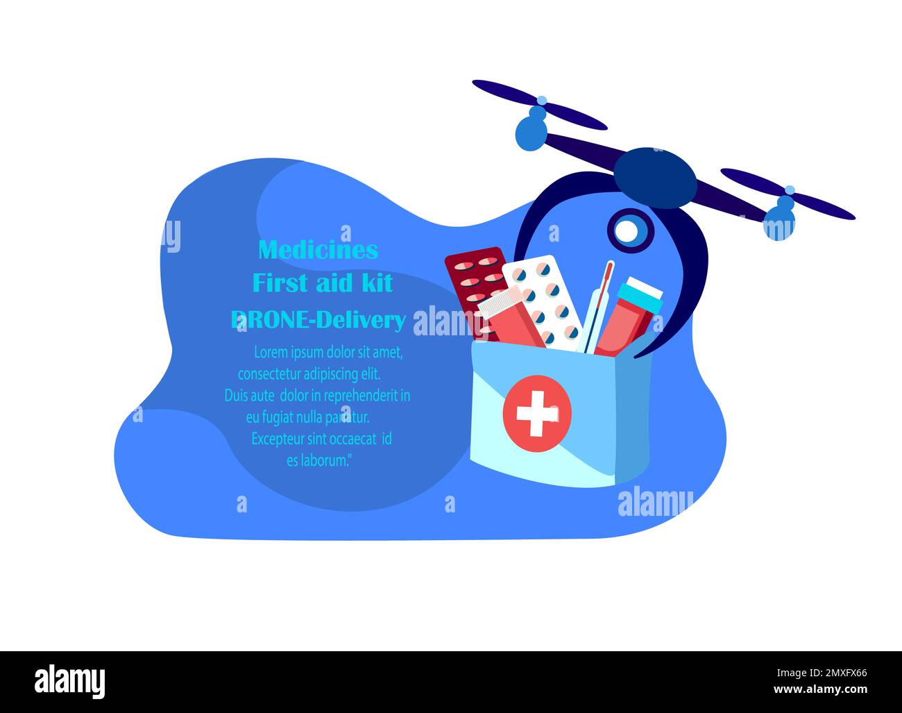 Drohnenlieferkonzept.Fliegender Roboter.Kontaktlose Lieferung Erste-Hilfe-Kasten,Ferngesteuertes Fliegendes Flugzeug.Medikament,Medikamente,Remedy.Paket. Konsumpti Stockfoto