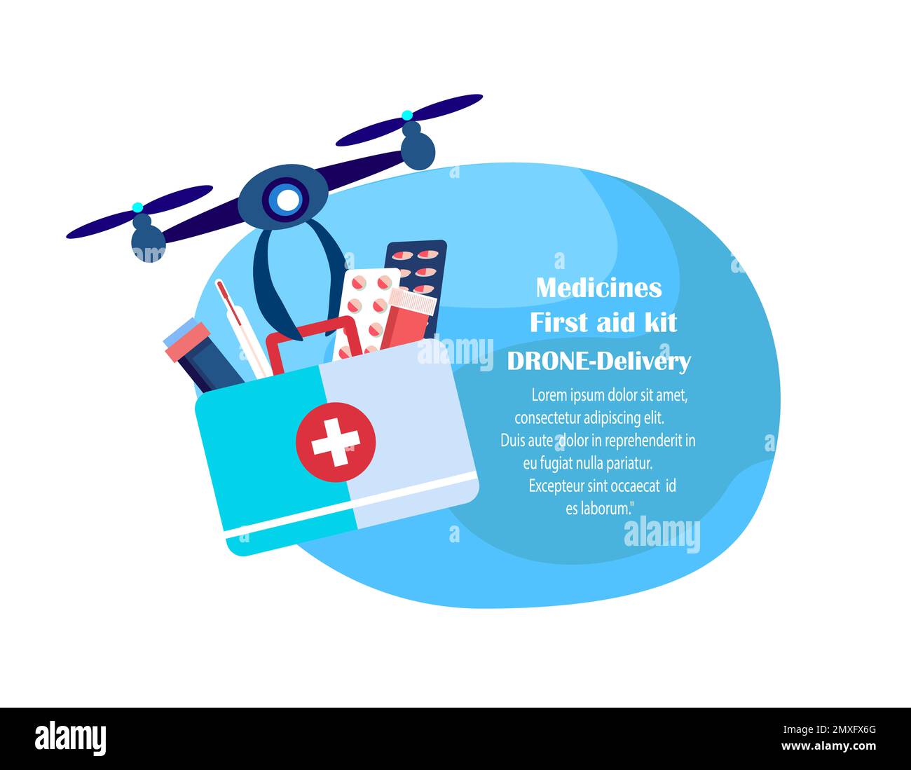 Drohnenlieferkonzept.Fliegender Roboter.Kontaktlose Lieferung Erste-Hilfe-Kasten,Ferngesteuertes Fliegendes Flugzeug.Medikament,Medikamente,Remedy.Paket. Konsumpti Stockfoto