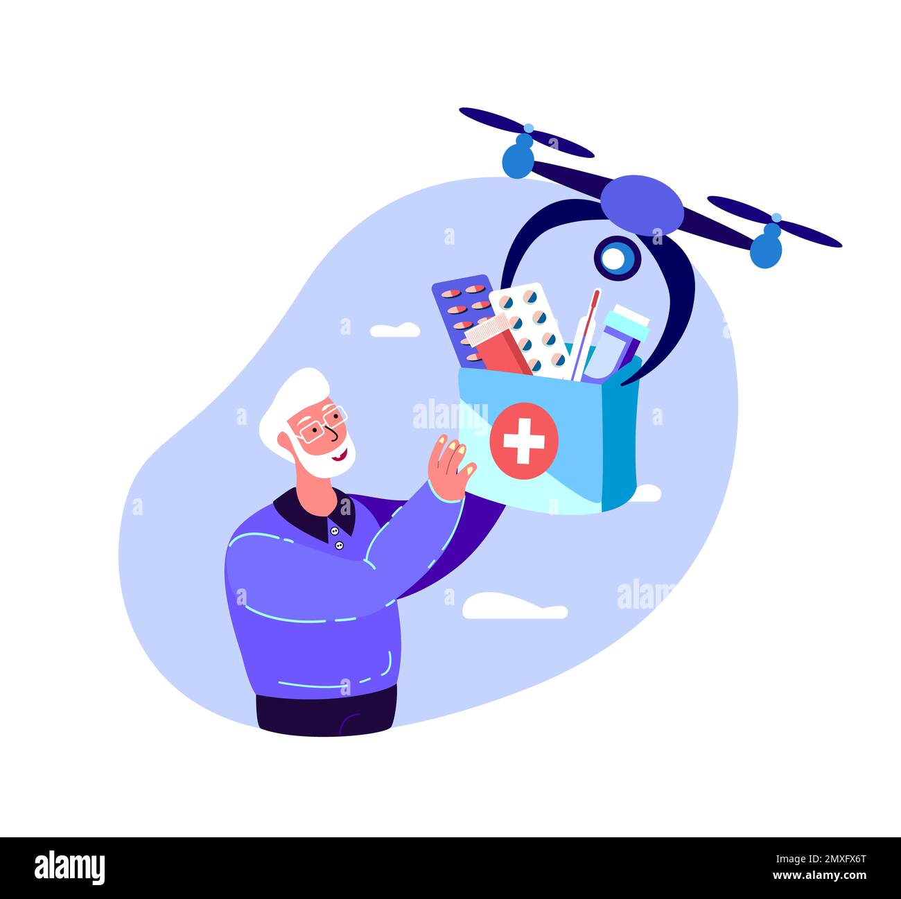 Drohnenlieferung.Pensionierter Alter Mann Erhält Kontaktlose Lieferung Erste-Hilfe-Kasten, Ferngesteuertes Fliegendes Flugzeug.Medikament, Drogen, Abhilfe. Alterspensionär.Hom Stockfoto