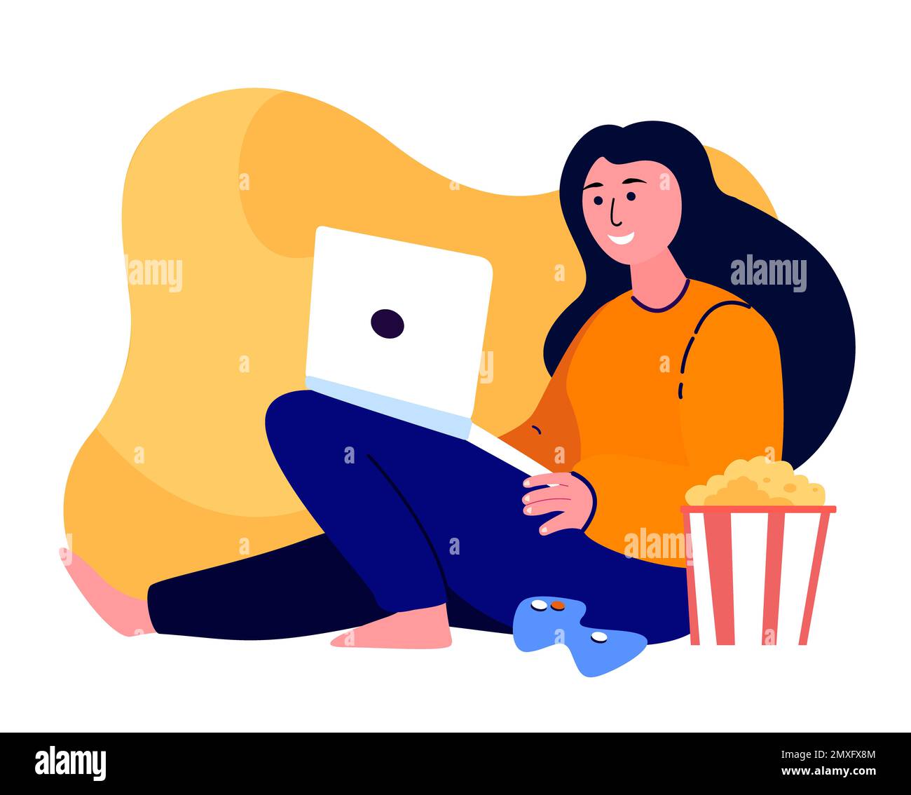 Young Happy Woman Gamer spielt PlayStation Game auf Laptop Online.entspannte Teenager haben Spaß, Gaming , Popcorn.Digitale Unterhaltung.Bleiben Sie zu Hause, Quarantin Stockfoto