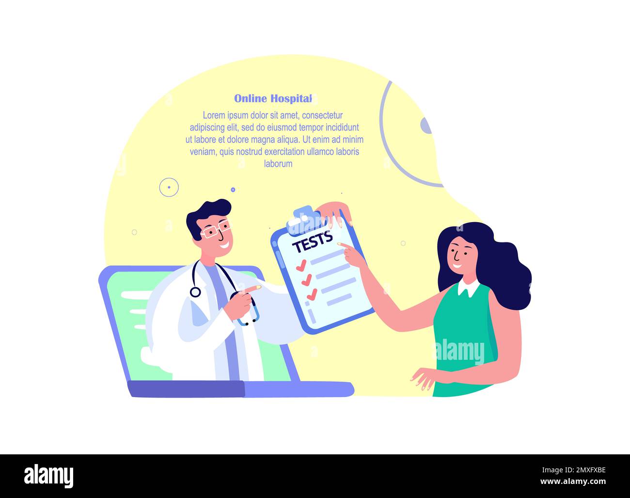 Online Medizinische Tests Diagnose.Arzt Beratung Patientin.Biohacking Analyse.Internet Virtuelles Krankenhaus.Gesundheitsmanagement.Digitale Beratung Stockfoto