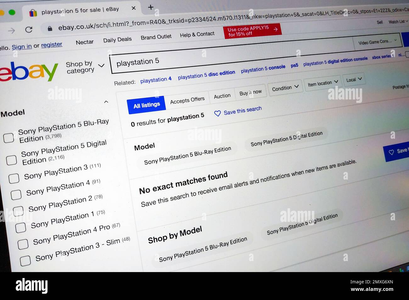Website von eBay UK, 3. Februar 2023. - Ein Screenshot von eBay UK, der keine Angebote zeigt, obwohl verschiedene Suchbegriffe eingegeben wurden. EBay hat vor kurzem eine Erhöhung der Verkäufergebühren angekündigt. Das Problem ist ein weiterer Hit für Geschäftsverkäufer, die monatelang Probleme mit Royal Mail hatten, die kürzlich einen Cyberangriff erlitten hatten. Foto: STOP Press Media/Alamy Live News Stockfoto