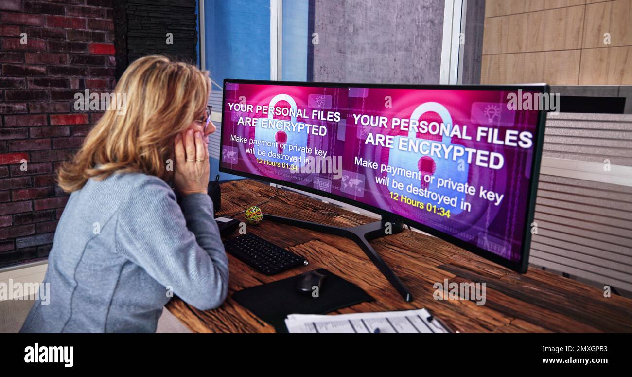 Ransomware-Malware-Angriff. Business-Computer Gehackt. Datenschutzverletzung Stockfoto