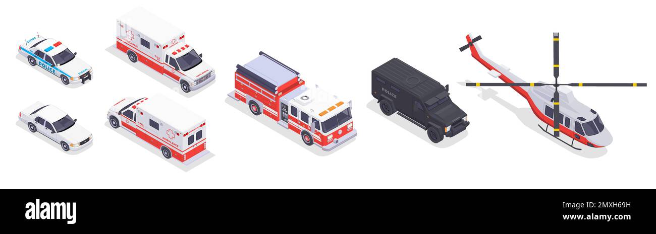 Isometrische Symbole für den Notdienst-Transport mit Feuerwehrwagen Ambulanz Polizeiauto Helikopter 3D isolierte Vektordarstellung Stock Vektor