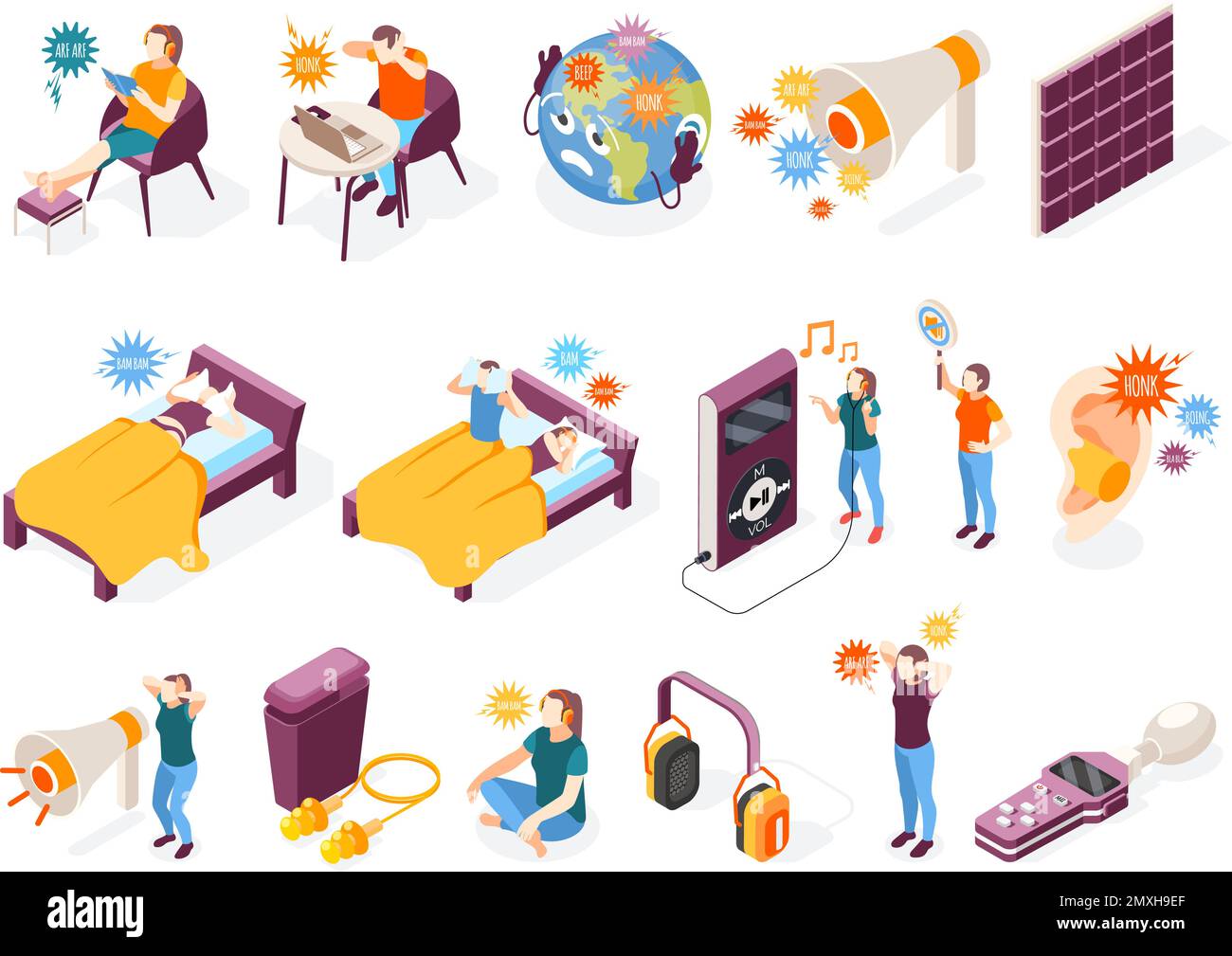 Rauschen akustische Verschmutzung isometrischer Rekolorsatz von isolierten Virus-Ikonen und Menschen mit Audiowiedergabegeräten Vektordarstellung Stock Vektor