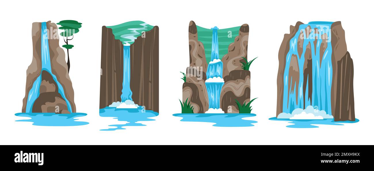 Set aus vier natürlichen Landschaftsszenen für das Spieldesign mit einer Vektorgrafik aus Wasserfällen, Felsen und Steinen Stock Vektor