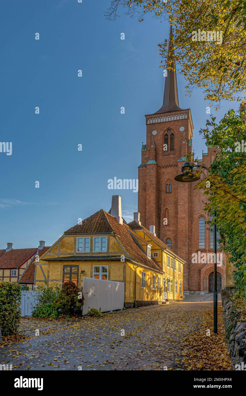 roskilde Kathedrale und ein gelbes Herbsthaus, Roskilde, Dänemark, 23. Oktober 2022 Stockfoto