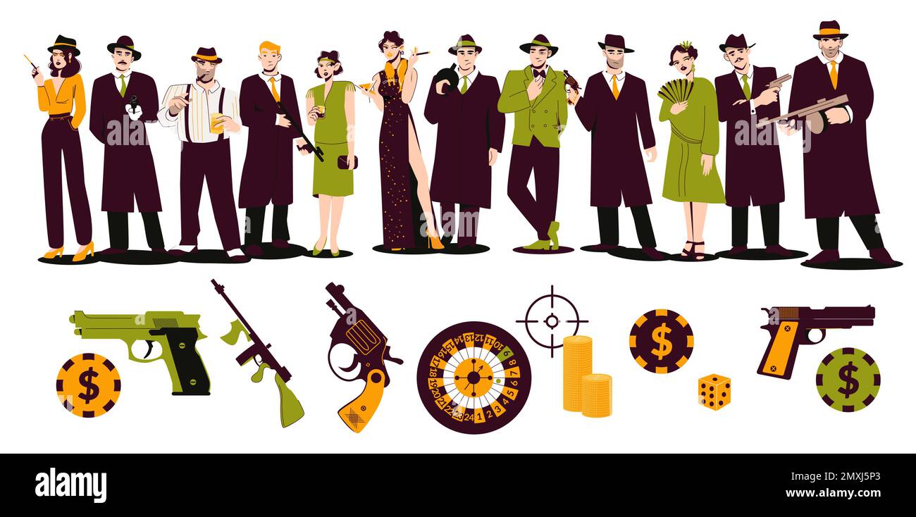 Mafia-Flatterset mit Gangsterfiguren und Frauen, gekleidet in der Vektordarstellung des 30s. Jahrhunderts aus dem 20. Jahrhundert Stock Vektor