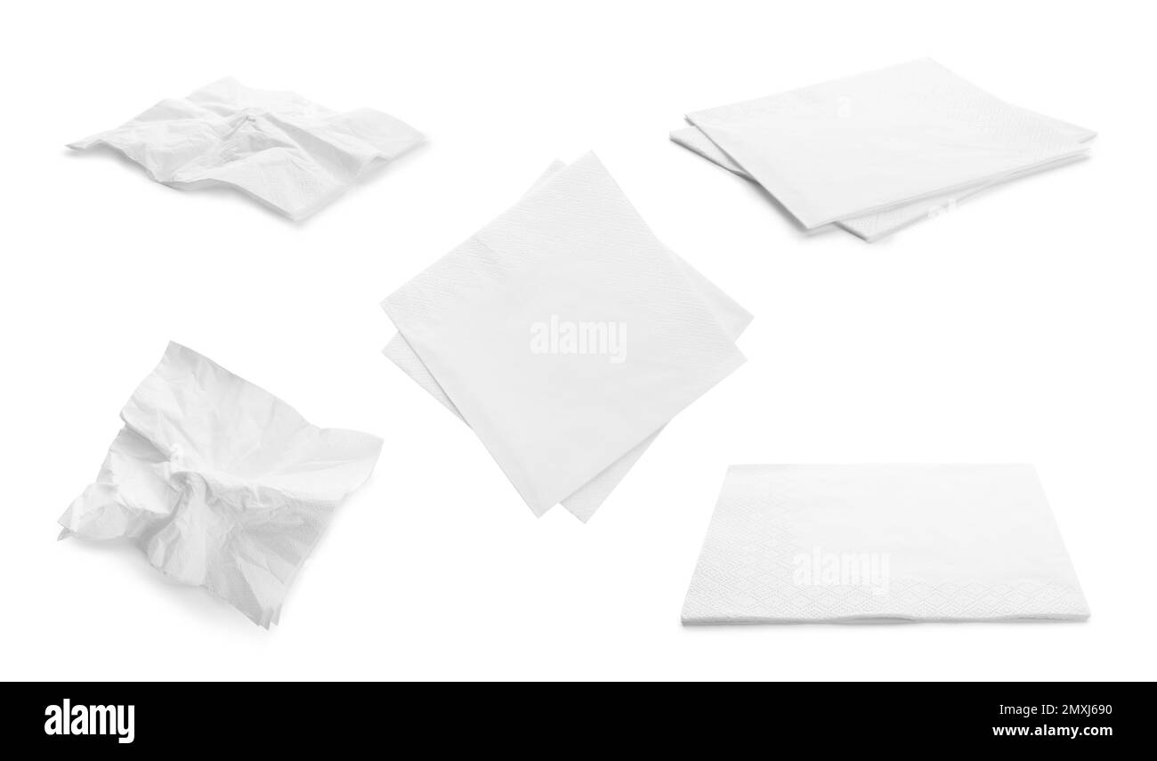 Set mit Papierservietten auf weißem Hintergrund Stockfoto
