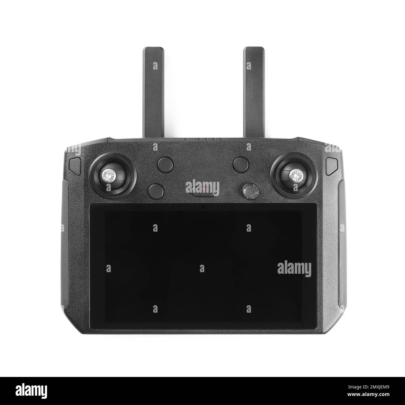 Neuer moderner Drohnen-Controller isoliert auf weiß, Draufsicht Stockfoto