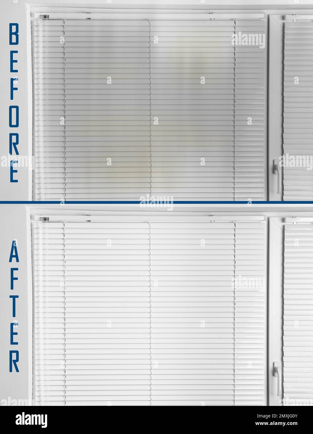 Fenster mit geschlossenen Jalousien vor und nach der Reinigung Stockfoto
