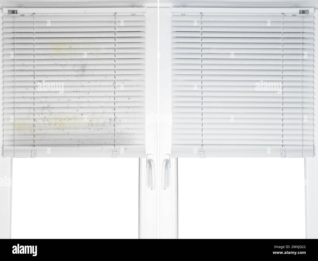 Fenster mit schmutzigen und sauberen Jalousien Stockfoto