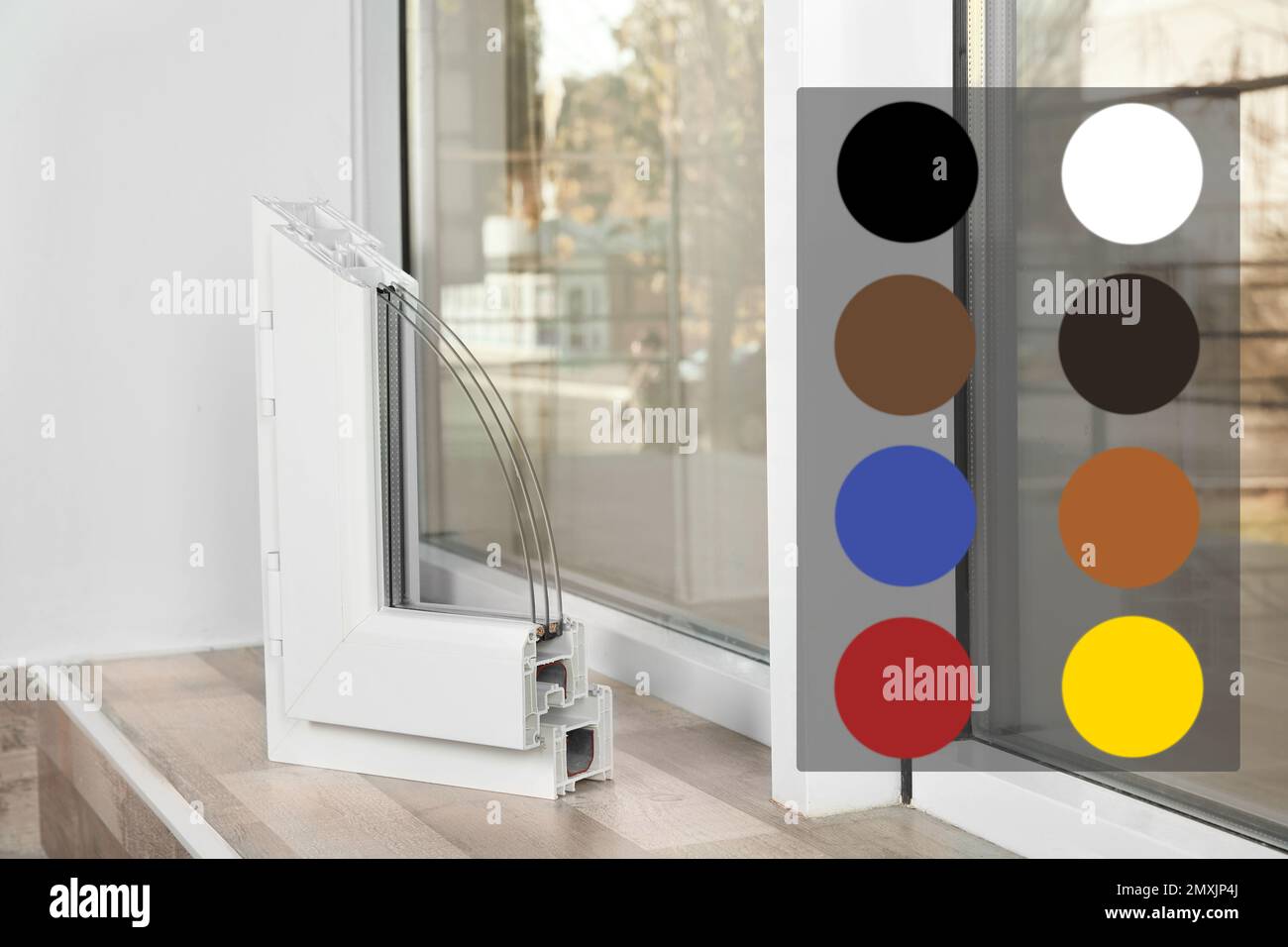 Beispiel für ein modernes Fensterprofil auf dem Schweller und verfügbare Farbpalette Stockfoto