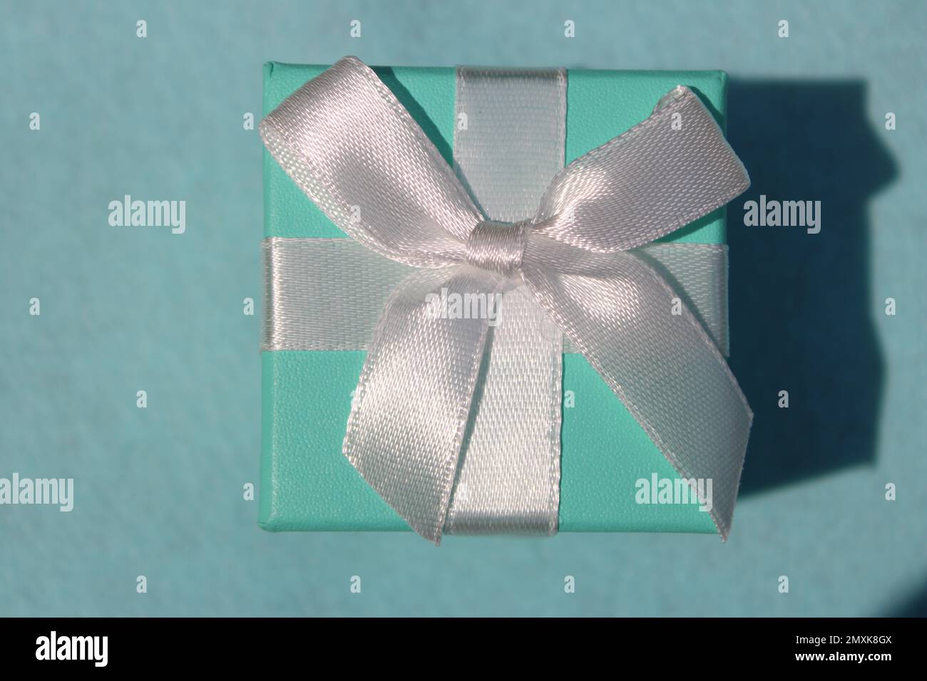 Nahaufnahme einer grünen Geschenkbox aus Seeschaum mit weißer Schleife Stockfoto