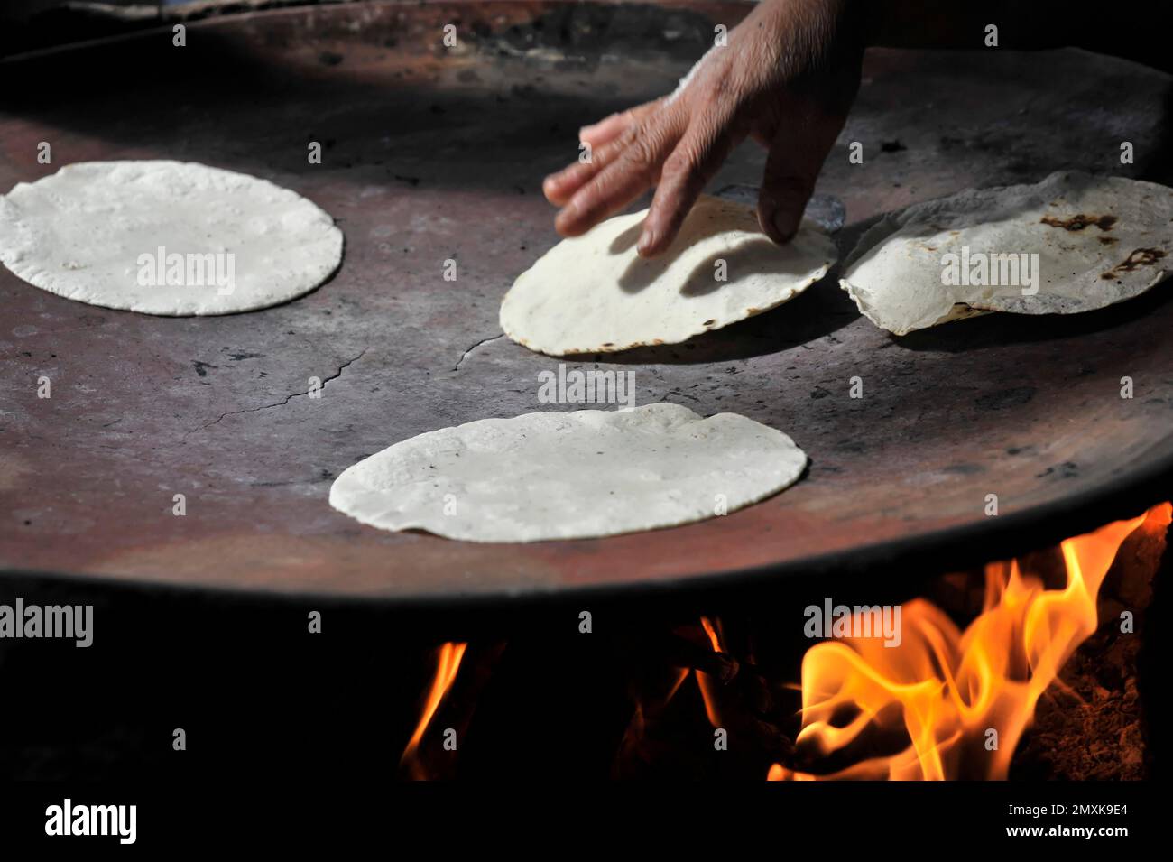 Frau bereitet Tortilla zu, Restaurant, Mezcal-Extraktion, Mitla, Oaxaca, Mexiko, Mittelamerika Stockfoto