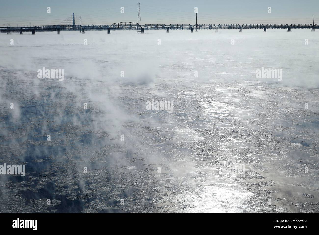 Winternebel auf dem gefrorenen Saint Lawrence River, Montreal, Provinz Quebec, Kanada, Nordamerika Stockfoto