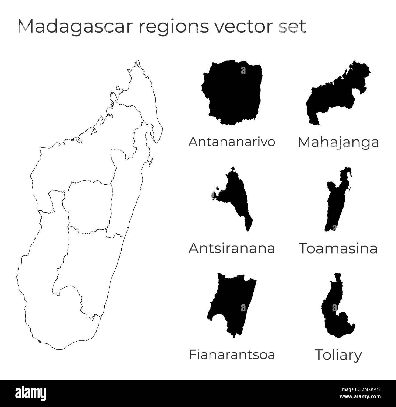 Karte Madagaskars mit Formen von Regionen. Leere Vektorkarte des Landes mit Regionen. Grenzen des Landes für Ihre Infografik. Vektordarstellung. Stock Vektor
