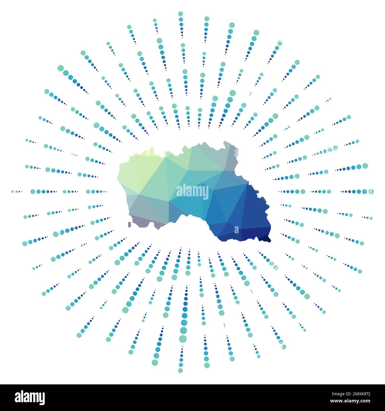 Form der Insel Santa Maria, polygonaler Sonnenaufgang. Karte der Insel mit farbenfrohen Sternenstrahlen. Stock Vektor