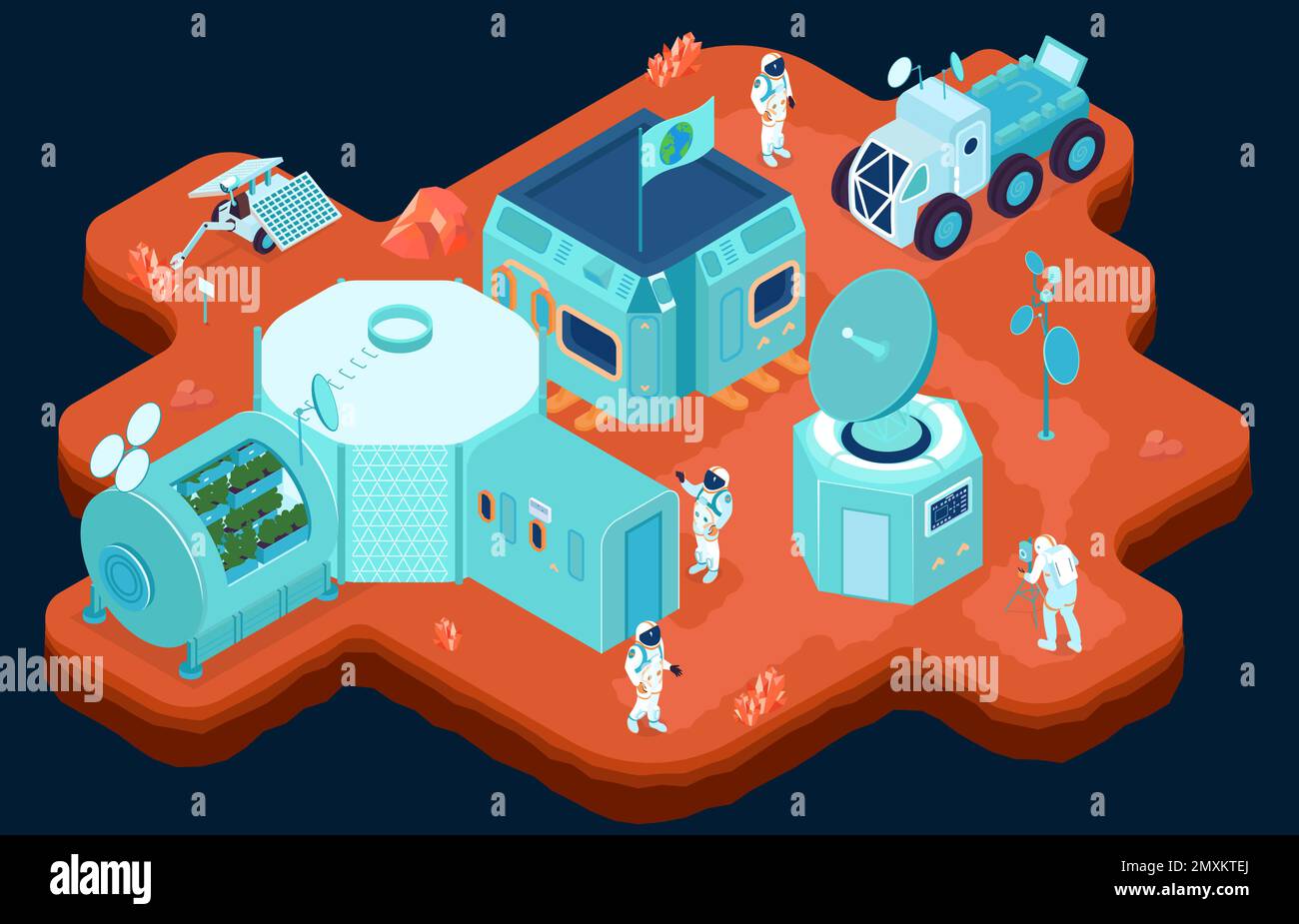 Raumbesiedlung Zusammensetzung mit Entdeckung und Exploration Symbole isometrische Vektor-Illustration Stock Vektor