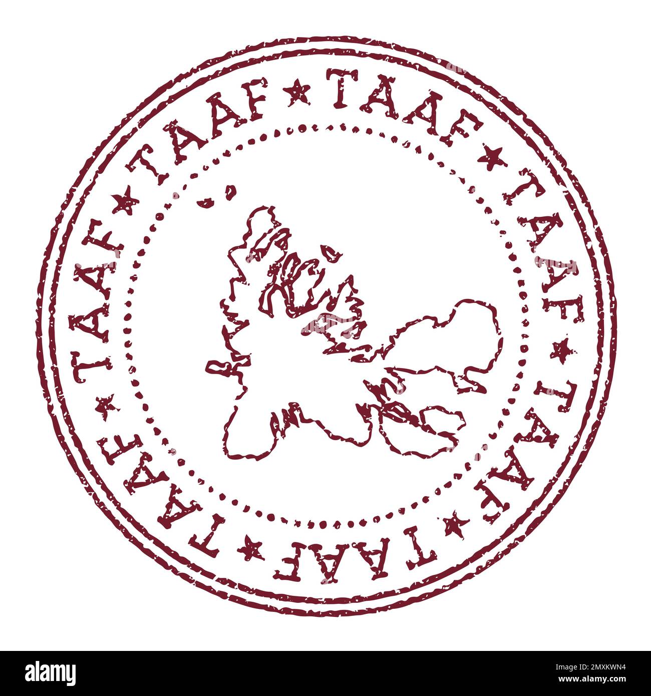 Runder TAAF-Gummistempel mit Landkarte. Vintage-roter Passstempel mit kreisförmigem Text und Sternen, Vektorgrafik. Stock Vektor