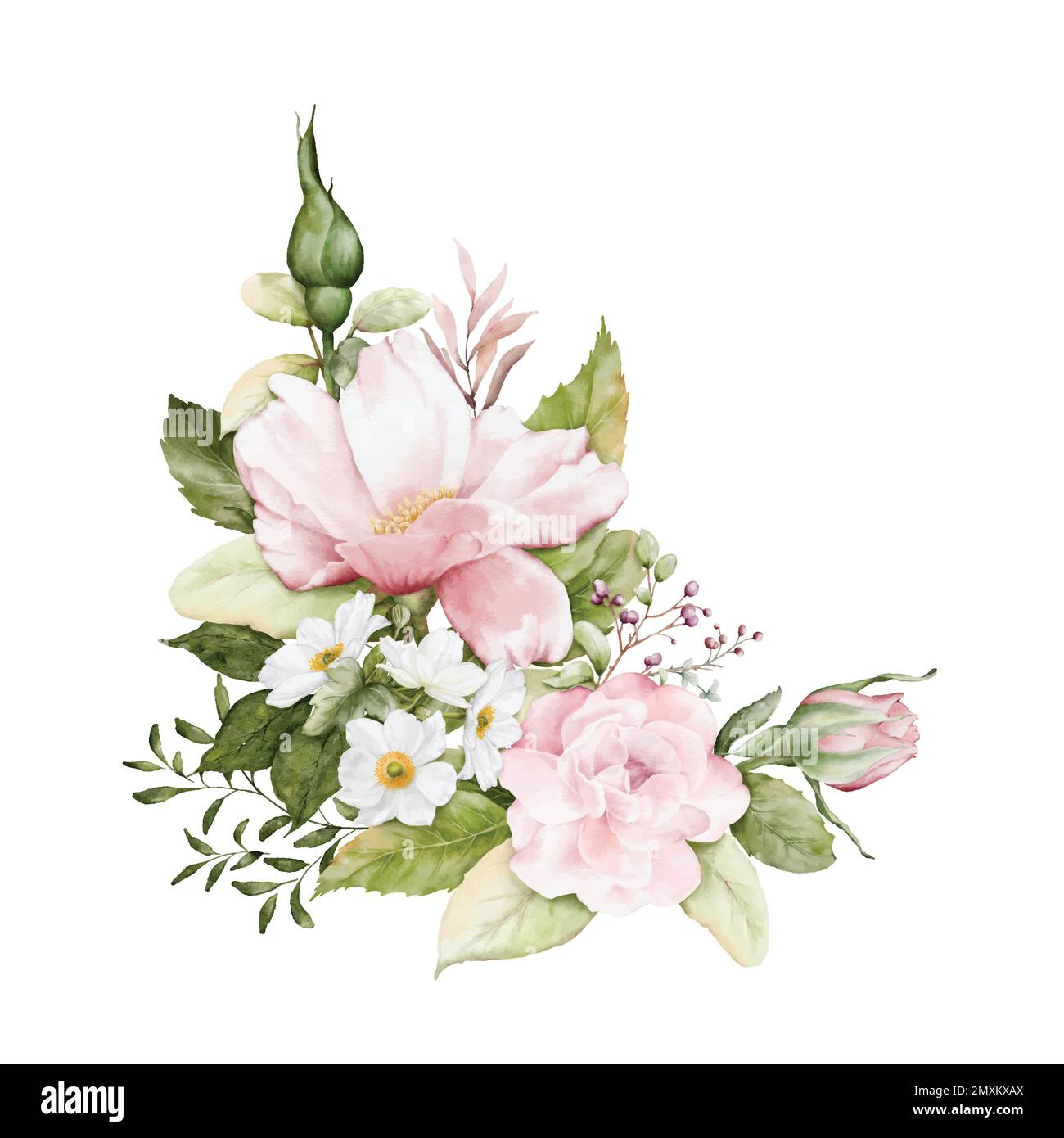Aquarelle Arrangements mit Rosenblumen. Blumensträuße aus rosafarbenen Rosen, weißen Blumen und Blätter für Hochzeiten, Valentinskarten oder Grußkarten. Botan Stock Vektor