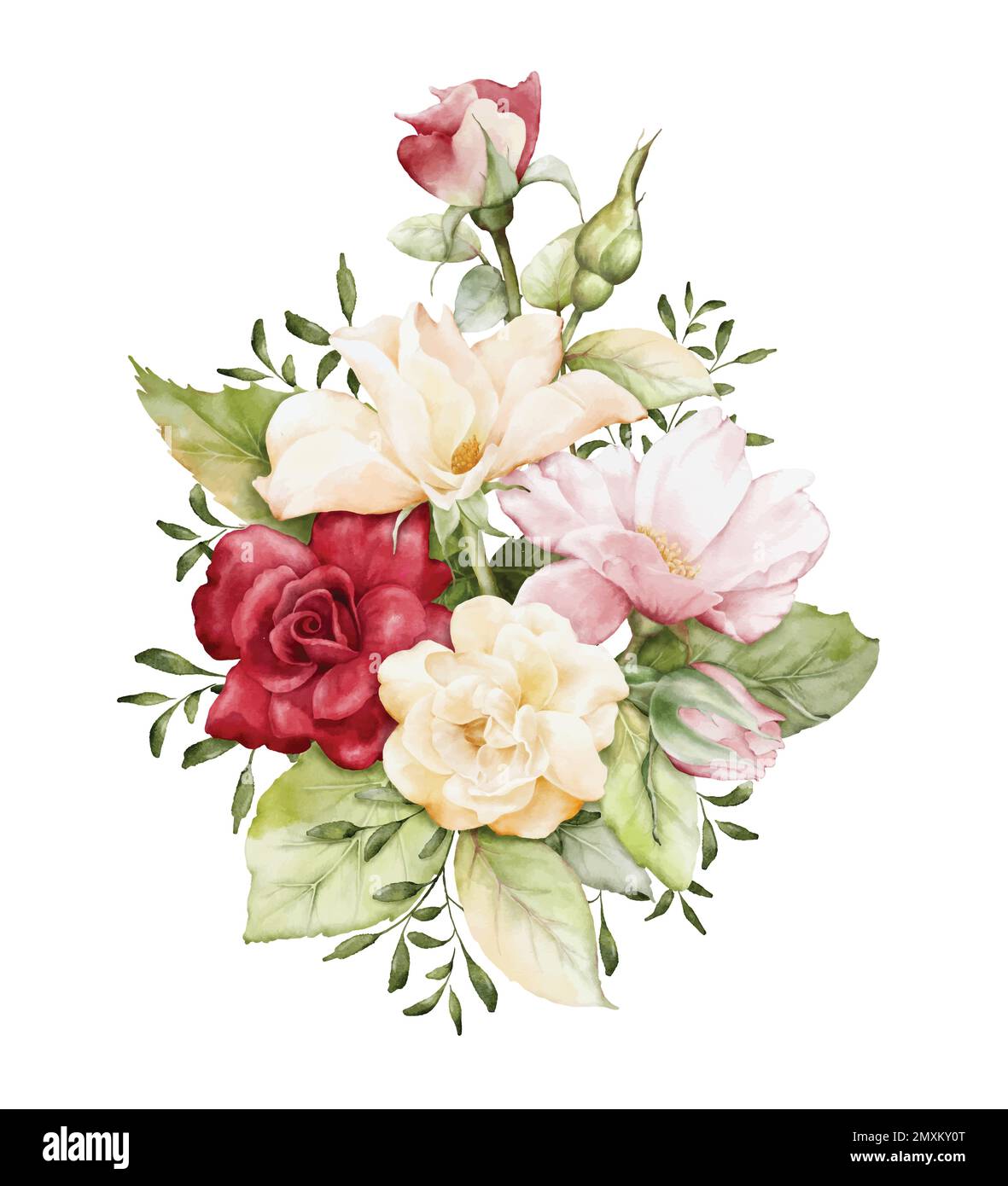 Aquarelle Arrangements mit Rosenblumen. Rosafarbene, rote und gelbe Rosensträuße, die eine Komposition für Hochzeiten-, Valentinskarten oder Grußkarten hinterlassen. Botani Stock Vektor