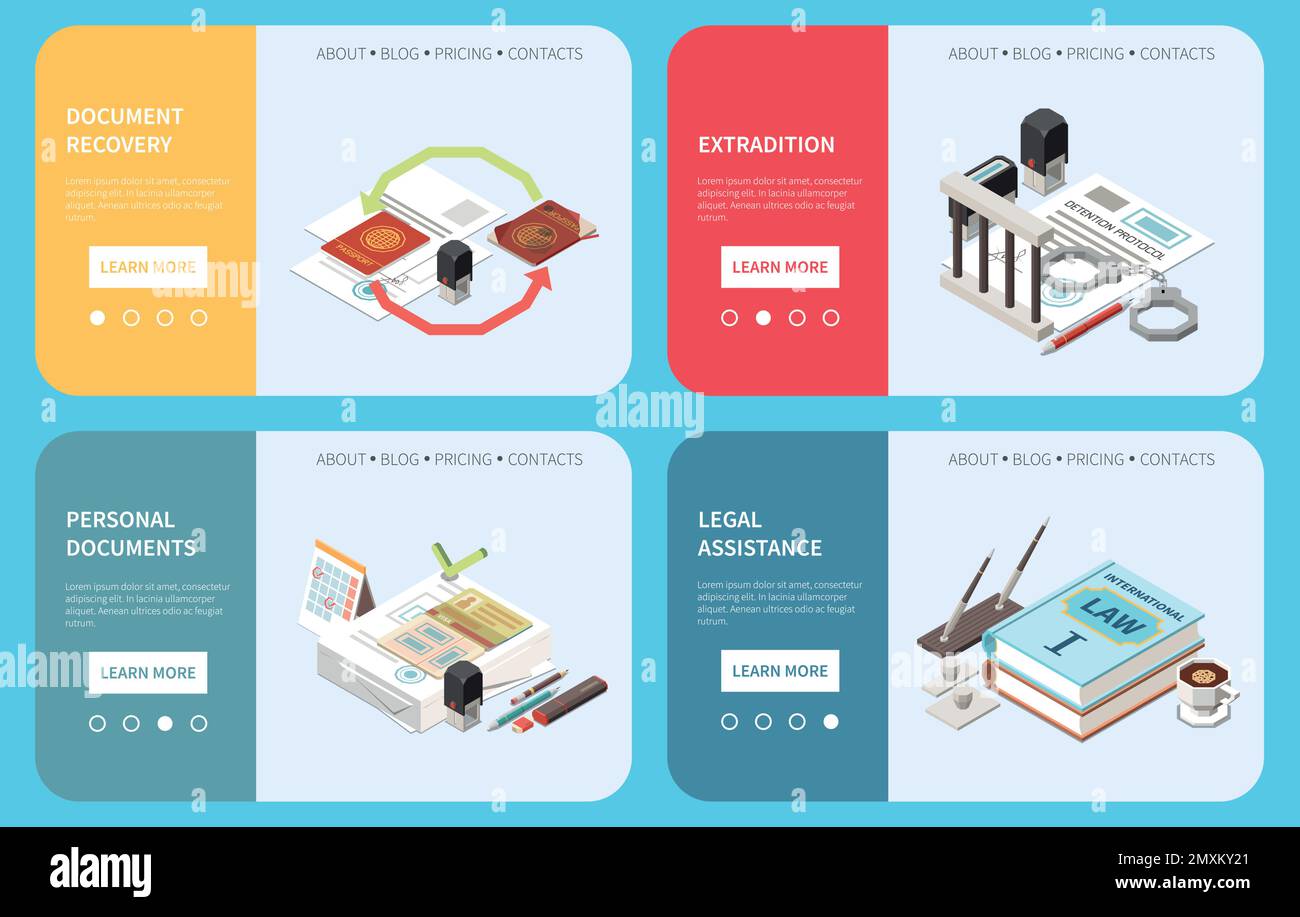 Embassy Services Landing Pages mit Informationen über Rechtshilfedokument Rückforderung persönliche Unterstützung Auslieferung isometrischer Vektor Illustrati Stock Vektor